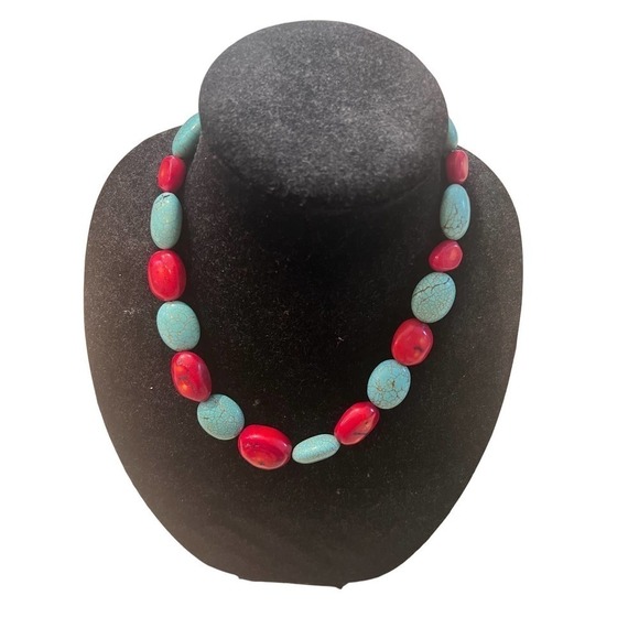 NWT Handmade  Coral and Natural Turquise Necklace - Picture 1 of 4